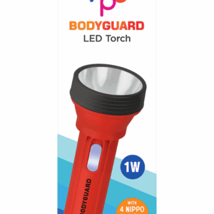 Nippo Bodyguard 1W LED Torch with 4 AA Batteries – Long Range Beam, Battery-Powered Flashlight, Durable & Lightweight (Black)