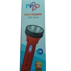 Nippo Bodyguard 1W LED Torch with 4 AA Batteries – Long Range Beam, Battery-Powered Flashlight, Durable & Lightweight (Black)